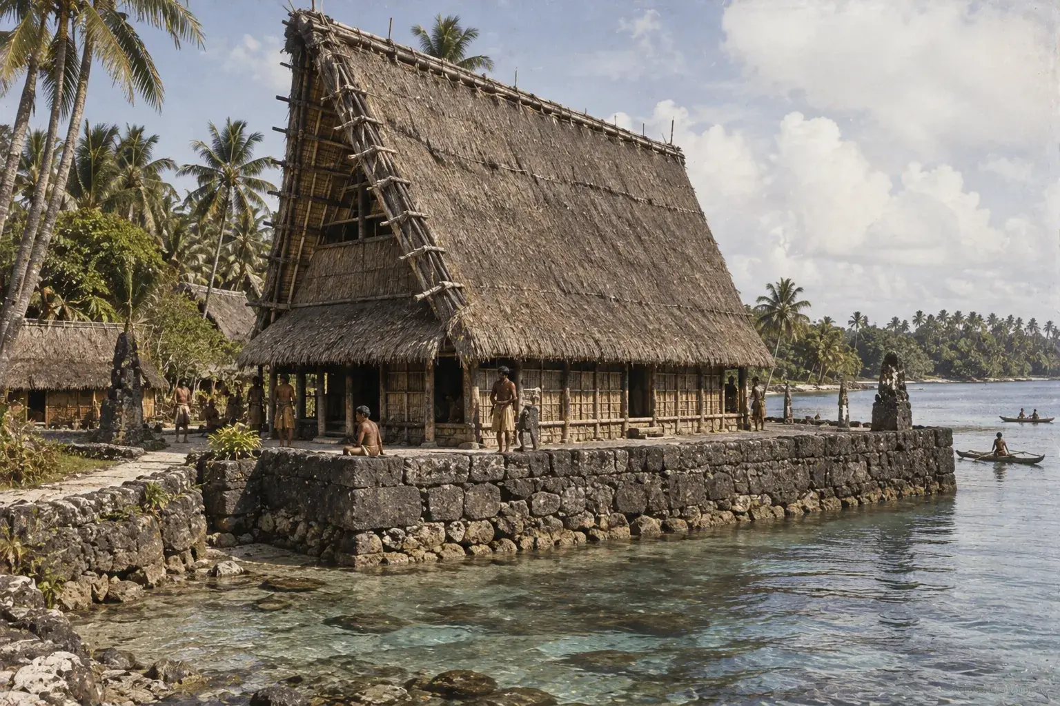 A large thatched Yapese faluw men's house standing at the water's edge on a stone foundation