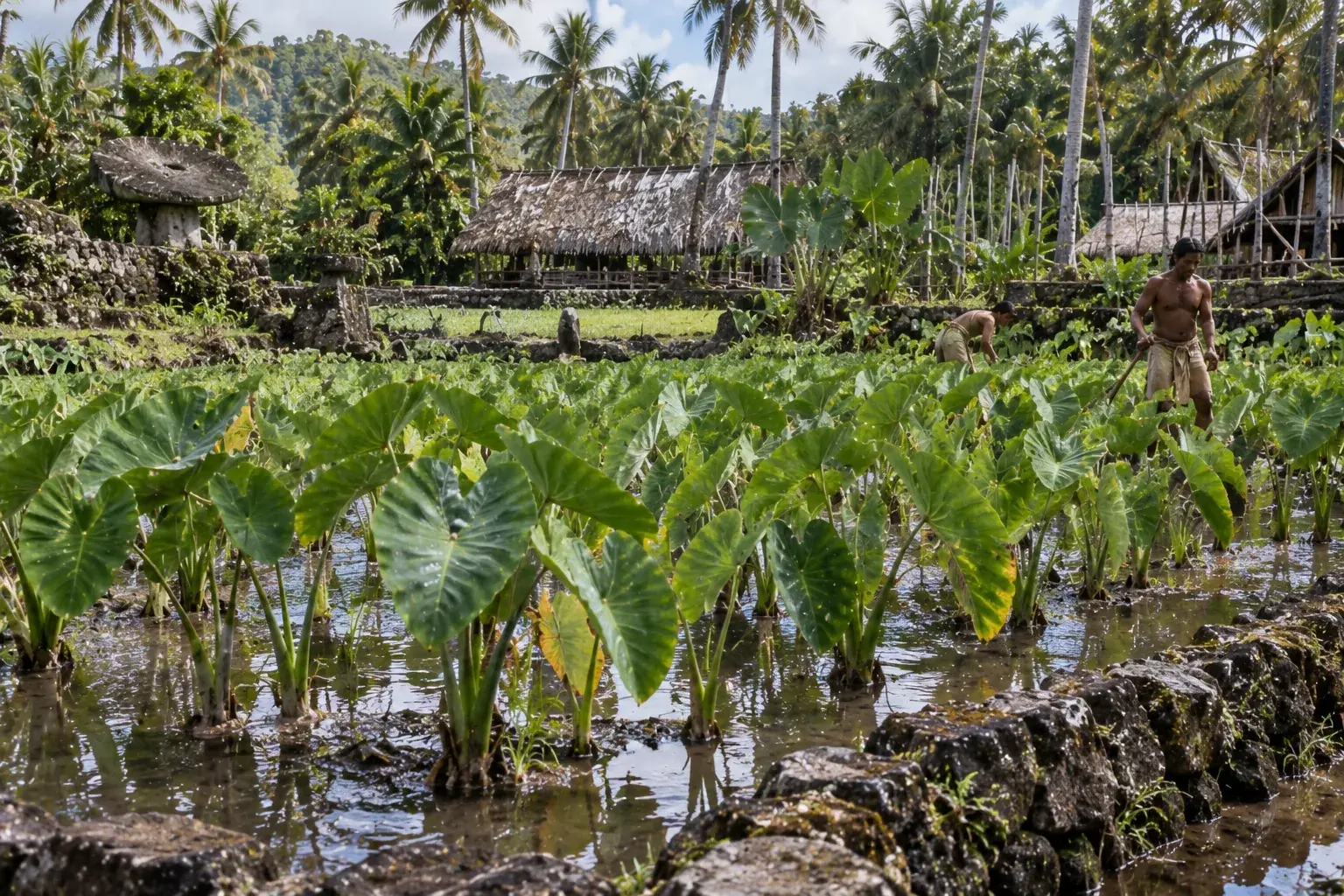 A flooded taro patch with broad green leaves in a Yapese village garden