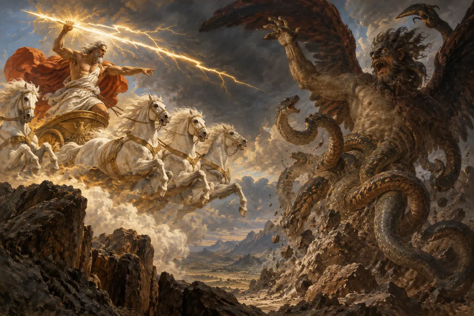 Zeus in his chariot hurling a thunderbolt at the giant, winged, snake-legged Typhon