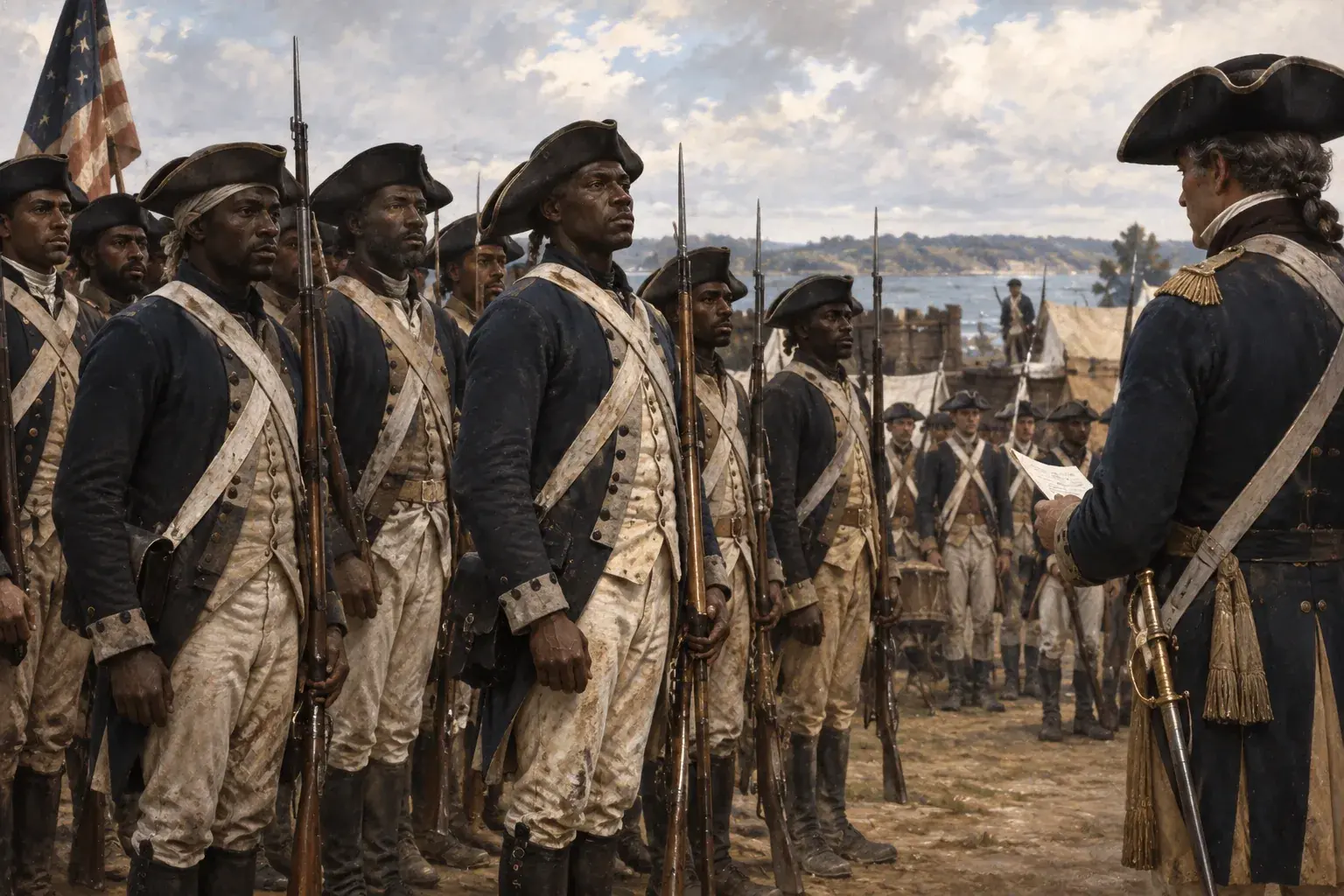 Black and white soldiers of the 1st Rhode Island Regiment standing together in Continental Army uniforms with muskets