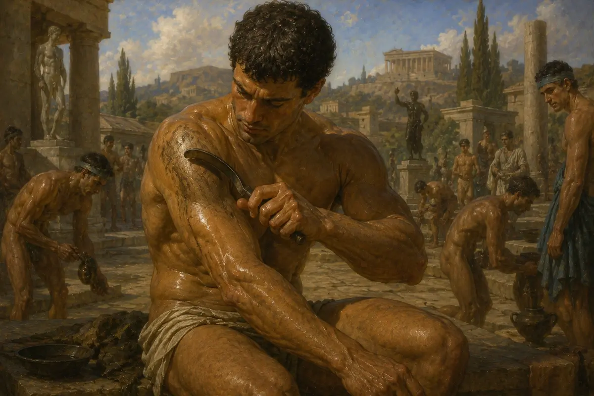 A Greek athlete draws a curved bronze strigil across his oiled skin to clean off the dust and oil after competing.