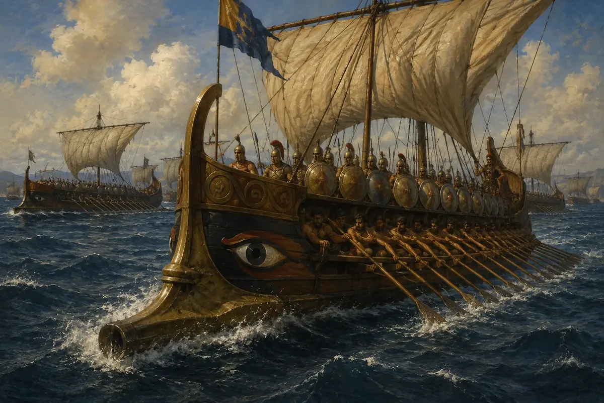 A Greek trireme under oars, its bronze ram low in the water, crossing the Aegean in battle formation.