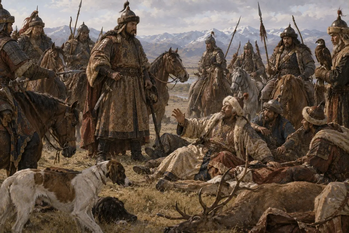 A Naiman prince and his armed retainers surrounding an older ruler and his hunting party in open country
