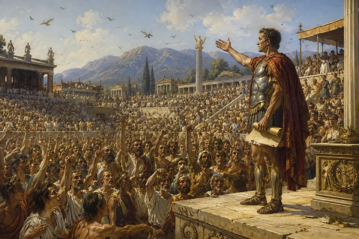 A Roman herald stands before a vast crowd at the Isthmian Games proclaiming the freedom of the Greek cities, the audience erupting.