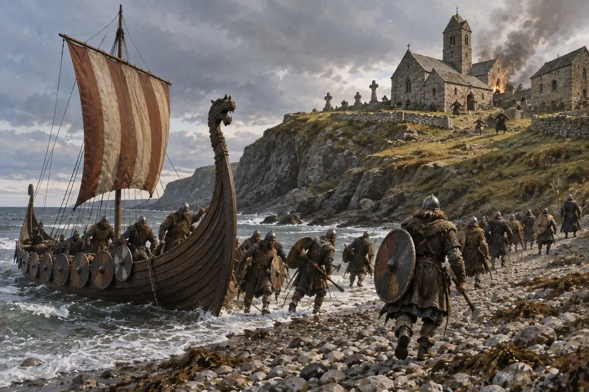 A Viking longship drawn up on a shingle beach below a small stone monastery on the headland