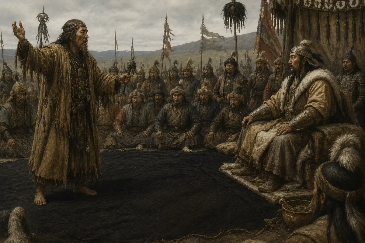 A barefoot shaman addressing a seated ruler on a black felt carpet before a crowd of assembled chieftains