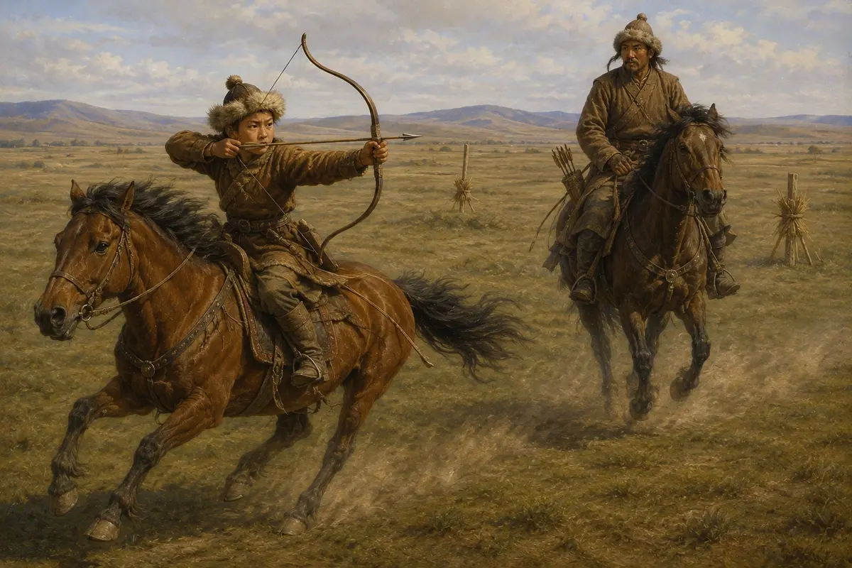A boy at full gallop on a steppe pony drawing a composite bow, with an instructor watching from horseback