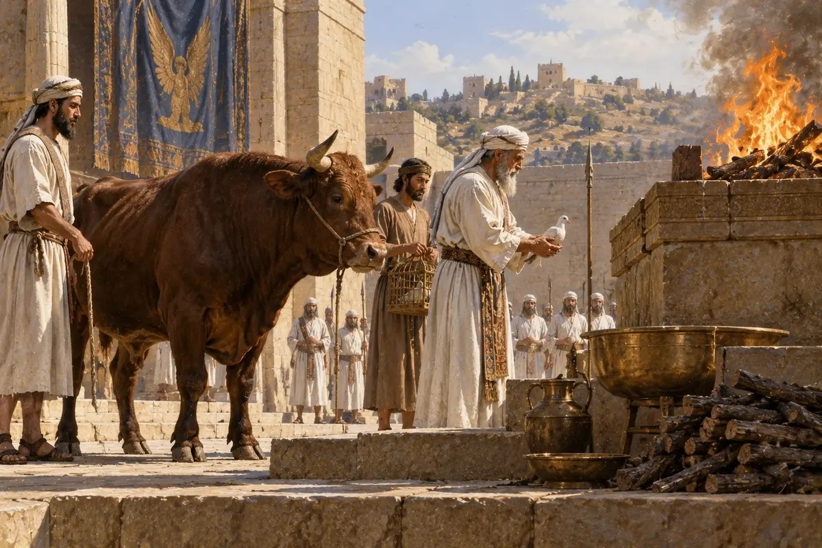 A bull and a dove presented side by side as sacrificial offerings at an ancient Israelite altar