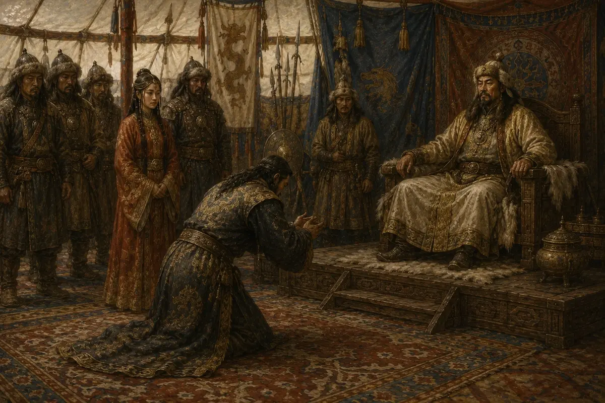 A chieftain bowing before a seated khan inside a great tent, with his retinue and a young woman waiting behind him
