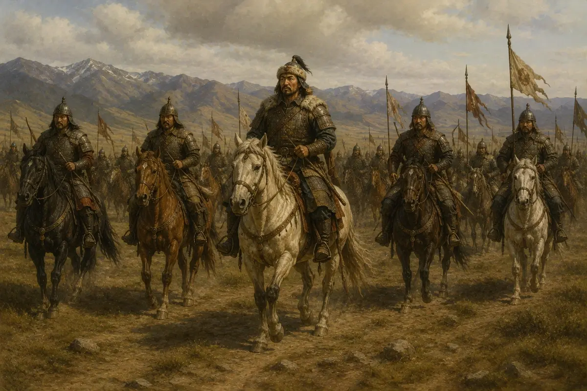 A commander riding at the head of a column of steppe cavalry with four subordinate officers around him, crossing open country toward mountains