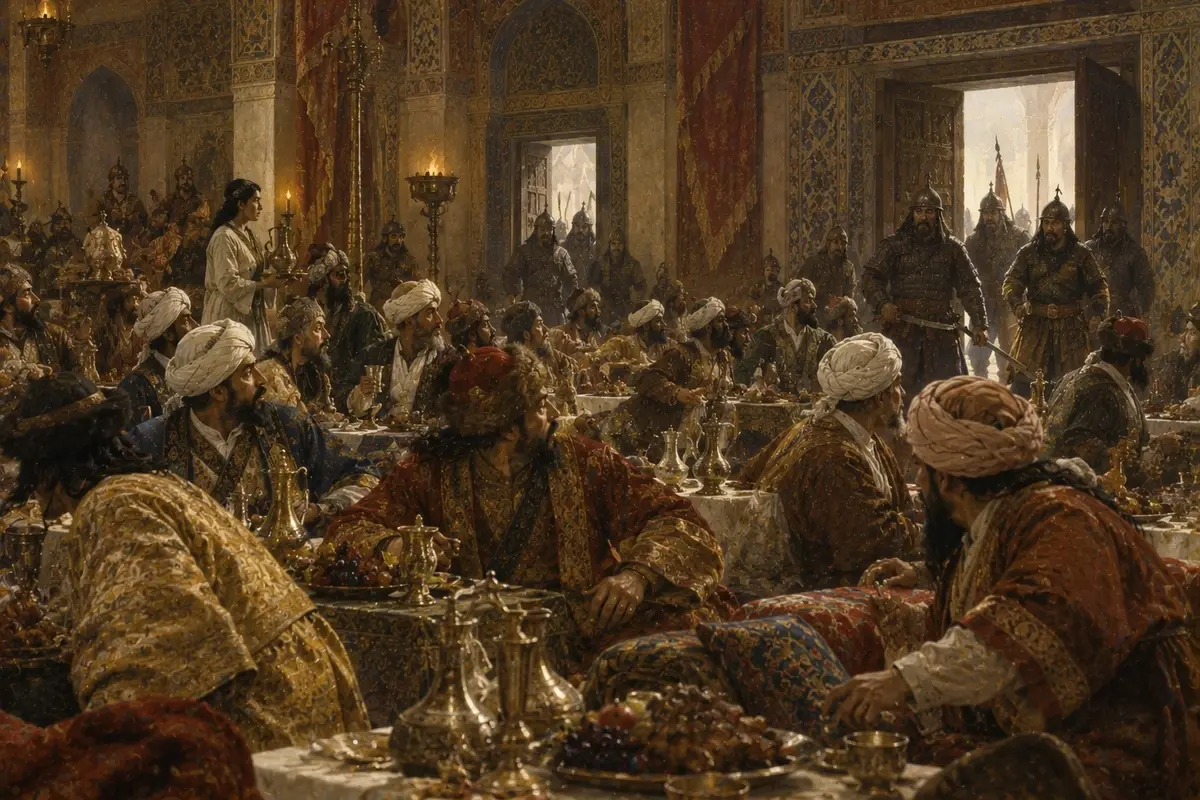 A crowded banquet hall of seated guests and wine vessels, with armed guards appearing in the doorways behind them