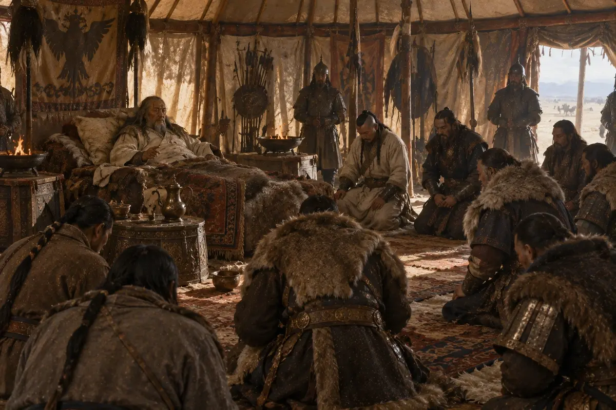 A dying ruler propped up on a bed inside a tent, addressing sons and chieftains kneeling around him