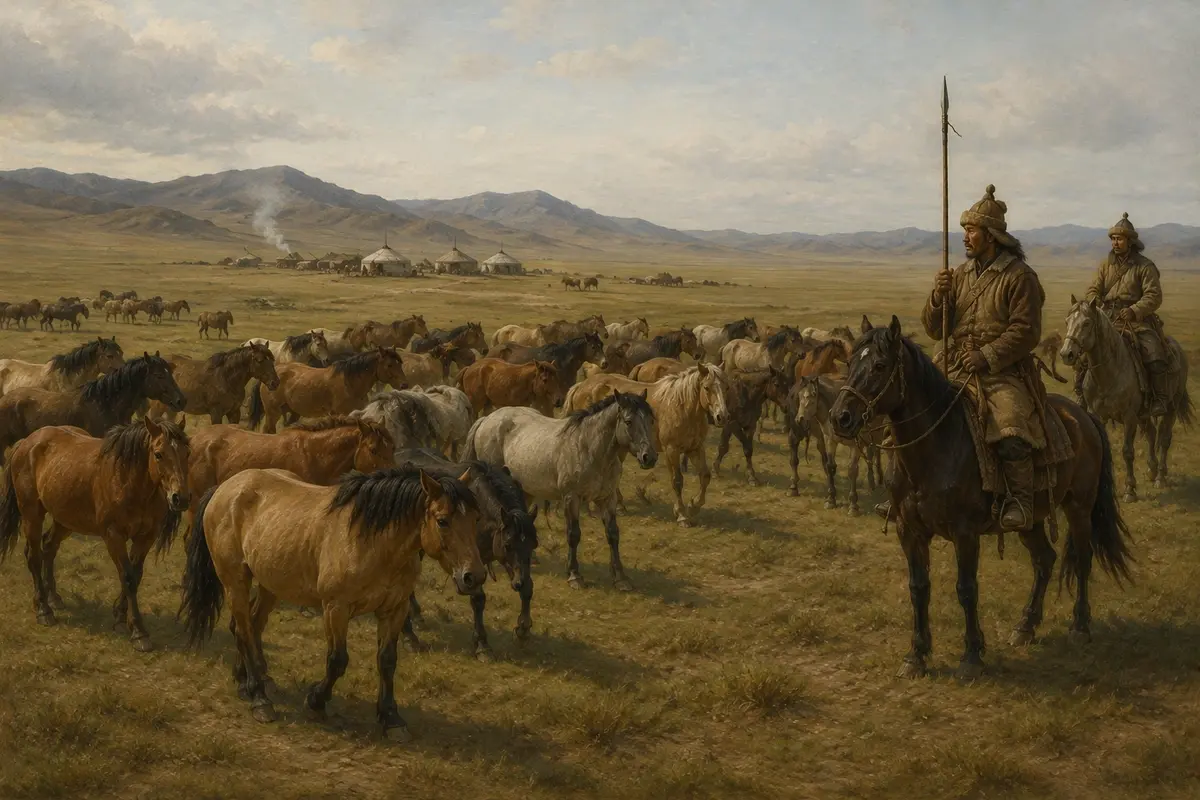 A herd of stocky steppe horses on open pasture with mounted herders watching them