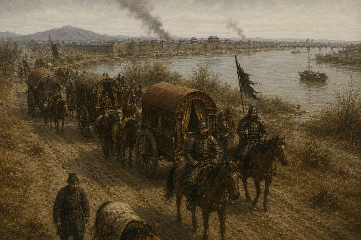 An imperial party with covered carts and a small mounted escort travelling south along a river road away from a capital