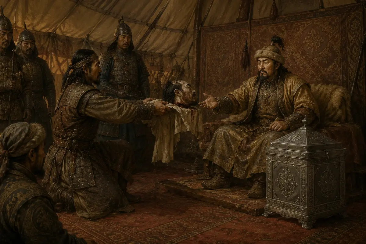 A khan seated in his tent receiving a severed head carried in on cloth, with a silver casket standing ready beside him