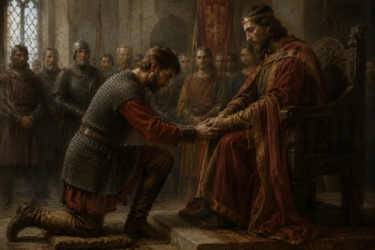 A kneeling vassal places his hands between his lord's hands during a medieval homage ceremony