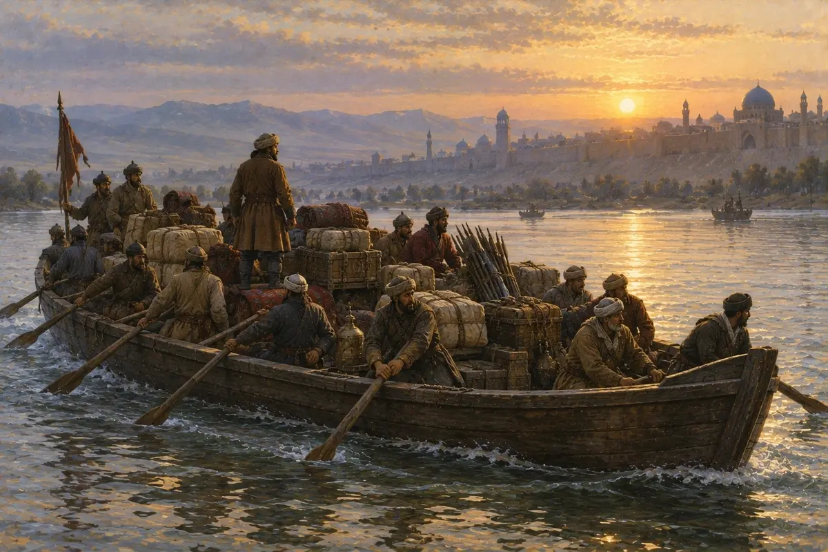 A large boat piled with sacks, bundles of weapons and bolts of cloth being rowed across a wide river at first light