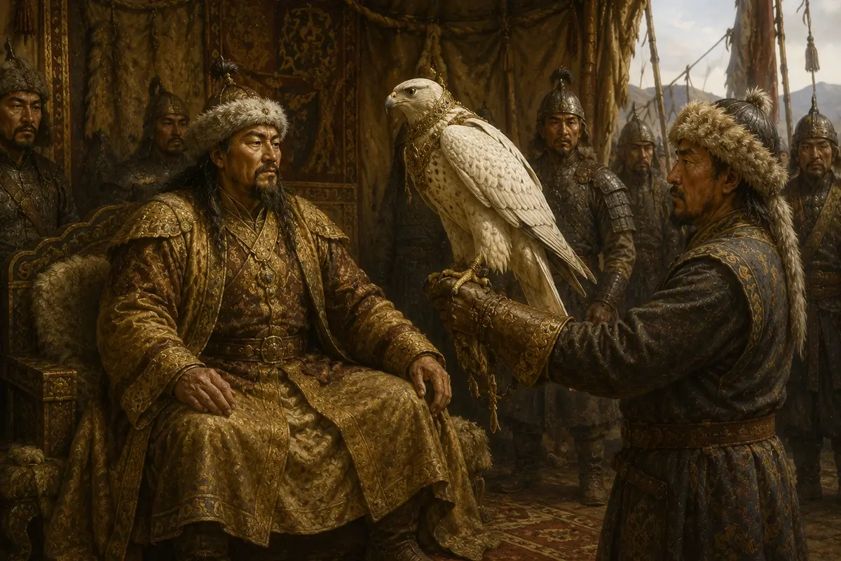 A large white falcon on a gloved fist, its harness worked with gold and set stones, presented before a seated ruler