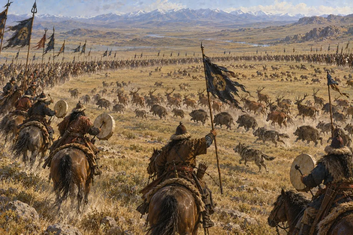A line of horsemen with flags and drums stretching across open country, driving deer, boar and wolves ahead of them