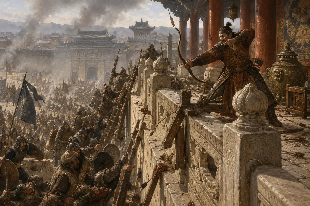 A lone defender making a last stand on a palace terrace, shooting arrows down at soldiers climbing toward him