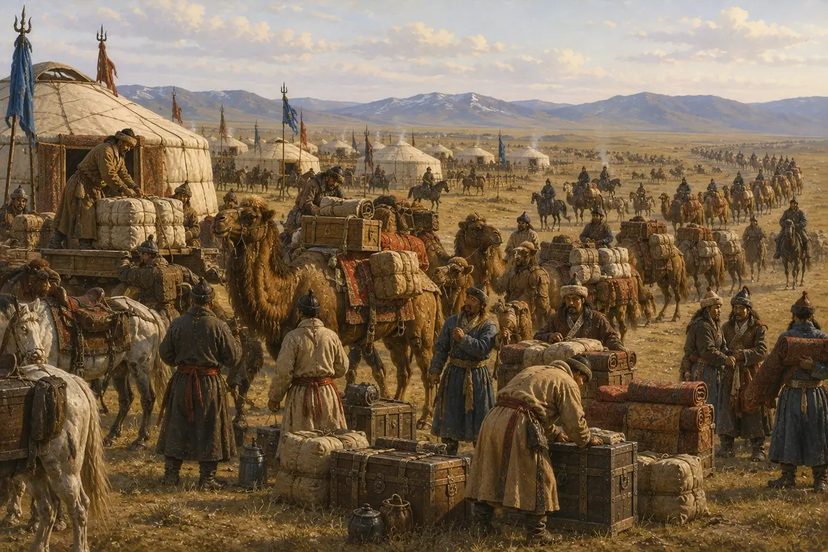 A long caravan of laden camels and pack animals forming up outside a steppe encampment as drivers load bales and chests