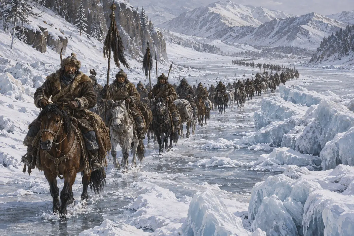 A long column of horsemen picking its way along a frozen river through deep snow, with ice piled along the banks