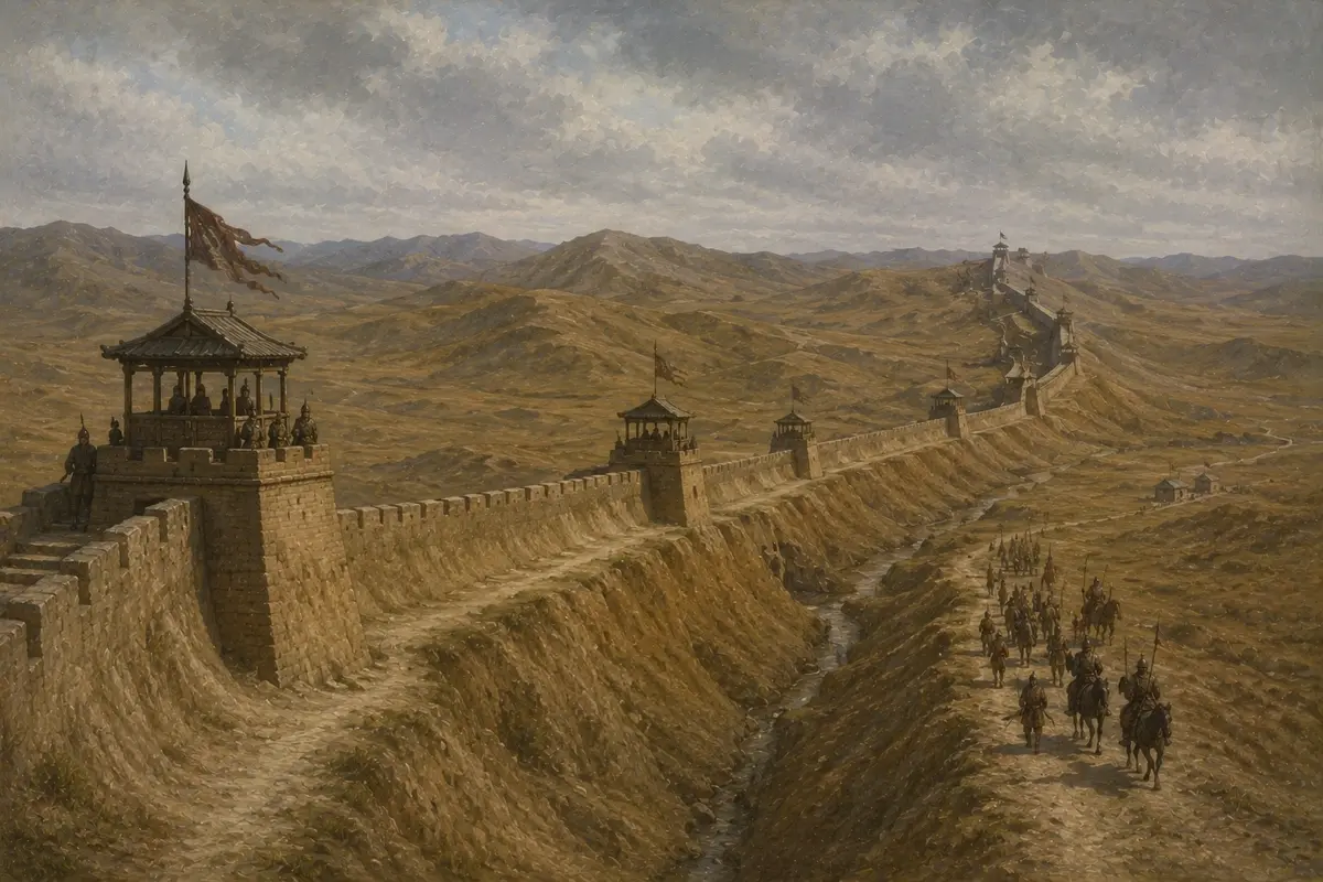 A long earthen rampart with a ditch and spaced watchtowers running across bare hills toward the horizon