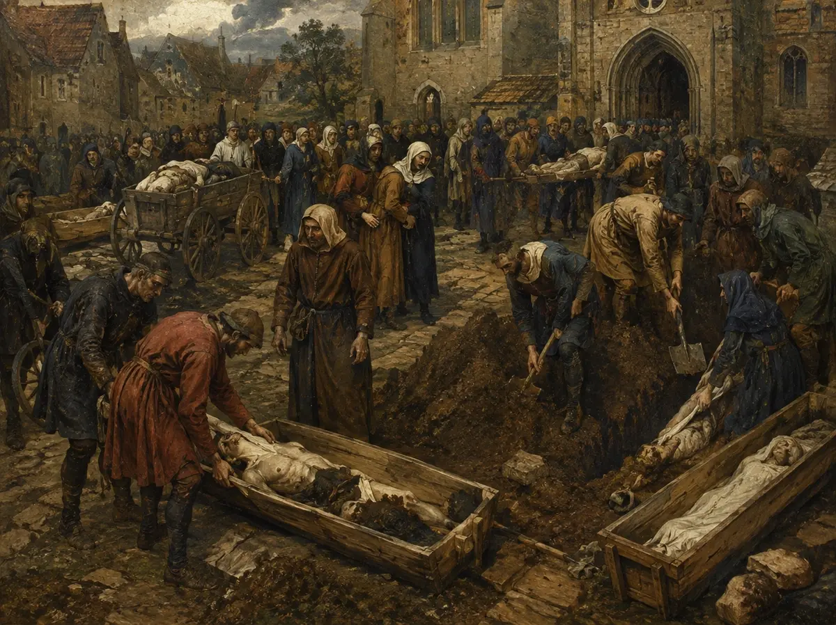 A medieval illustration depicting townspeople burying plague victims during the Black Death