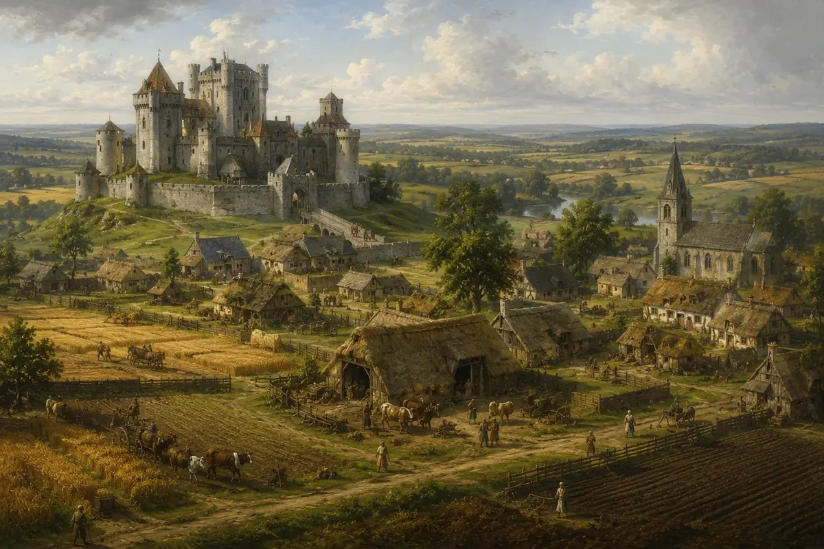 A medieval manor estate with its castle, village houses, a church, and surrounding farmland