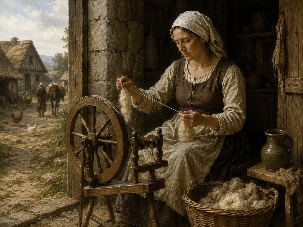 A medieval peasant woman spinning wool by the doorway of a cottage