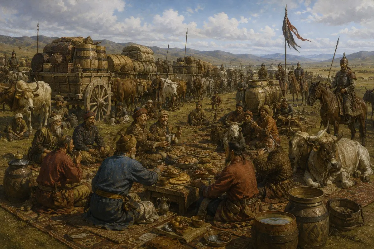 A meeting on open grassland with a train of bullock carts, spread food and drink, and large sealed barrels standing among the baggage