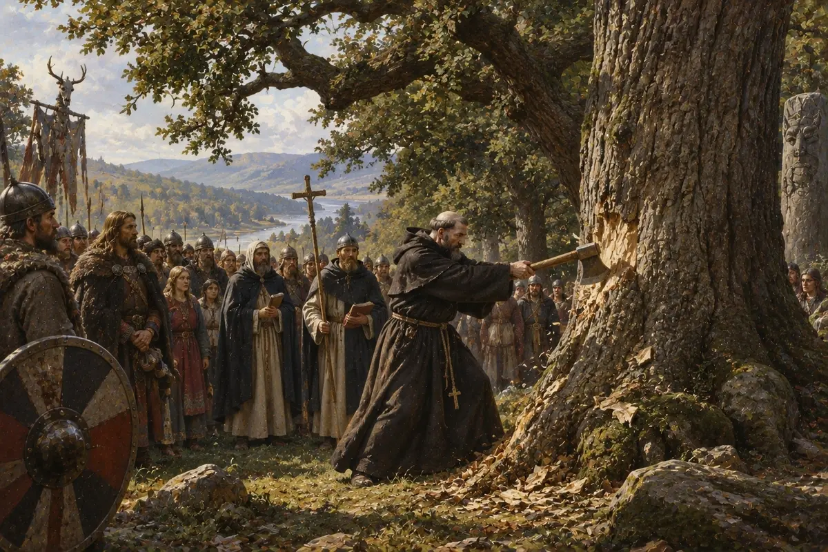 A missionary in monastic robes swinging an axe at the trunk of a huge oak while a crowd looks on