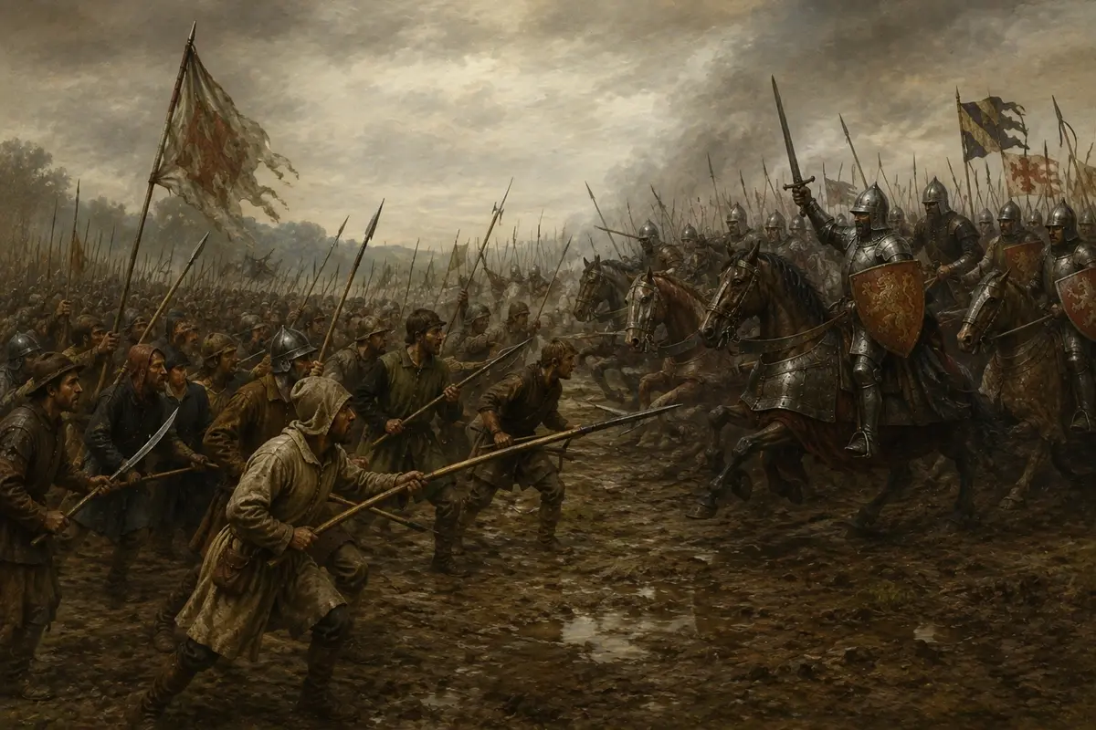 A peasant army confronting mounted knights in a medieval battle