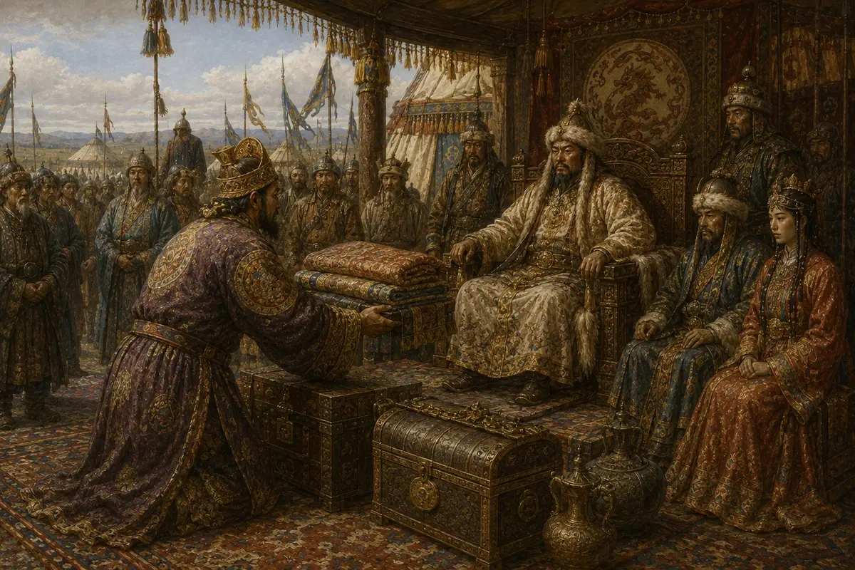 A richly dressed ruler presenting chests and bolts of silk before an enthroned khan in a great camp