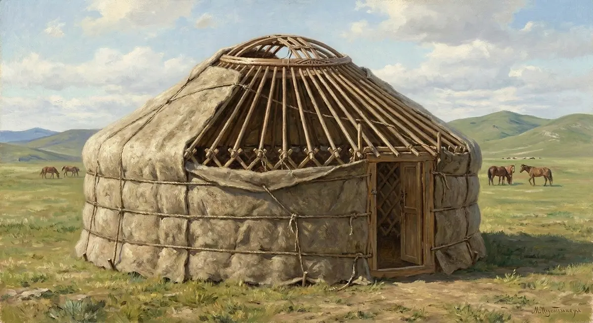 A round Mongol felt tent with a wooden pole frame converging on a roof hoop that leaves a smoke hole open at the apex