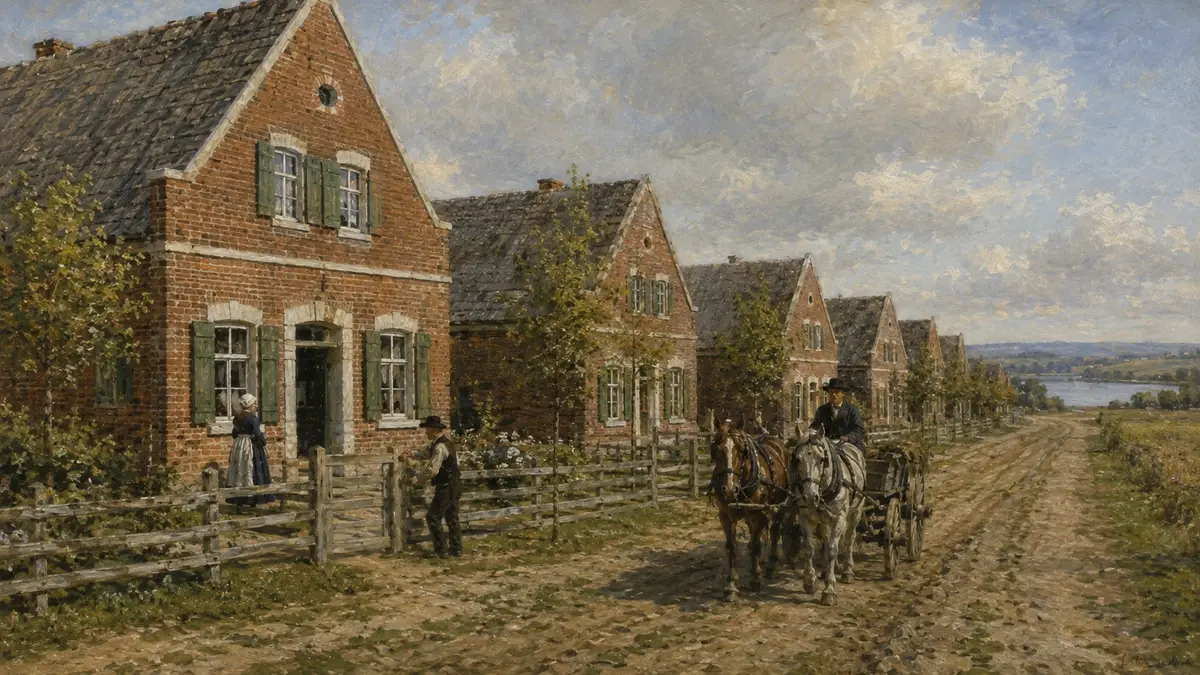 A row of brick farmhouses in a historic Mennonite village on the Ukrainian steppe