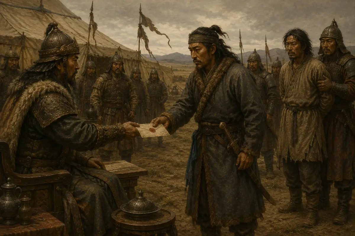 A sealed letter being handed over at a frontier camp while its bearer is held under guard nearby