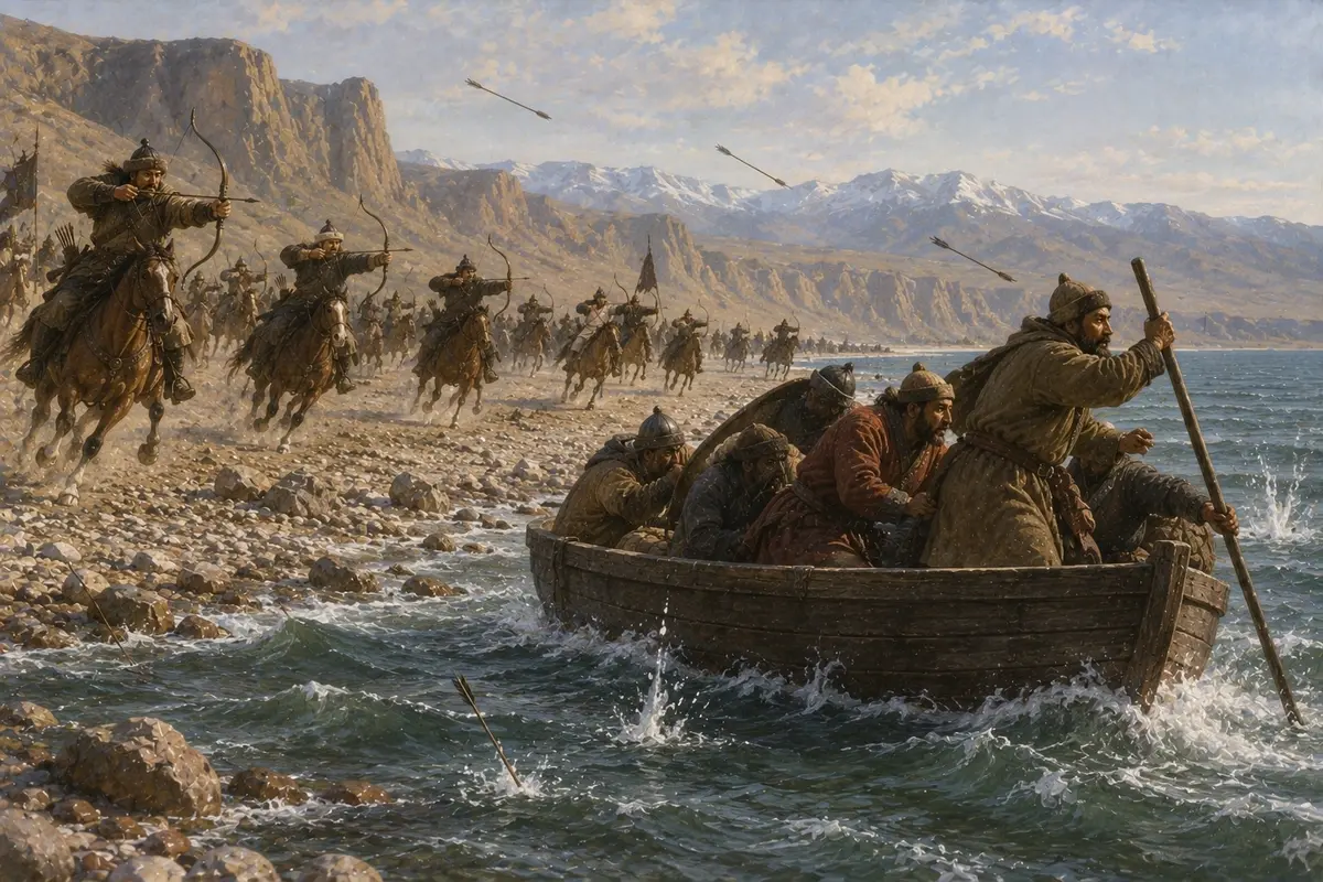 A small boat being poled away from a shingle beach while mounted archers on the shore loose arrows after it