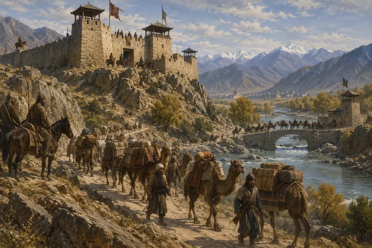 A small garrison fortress above a river crossing on a caravan road, with a loaded camel train passing below it