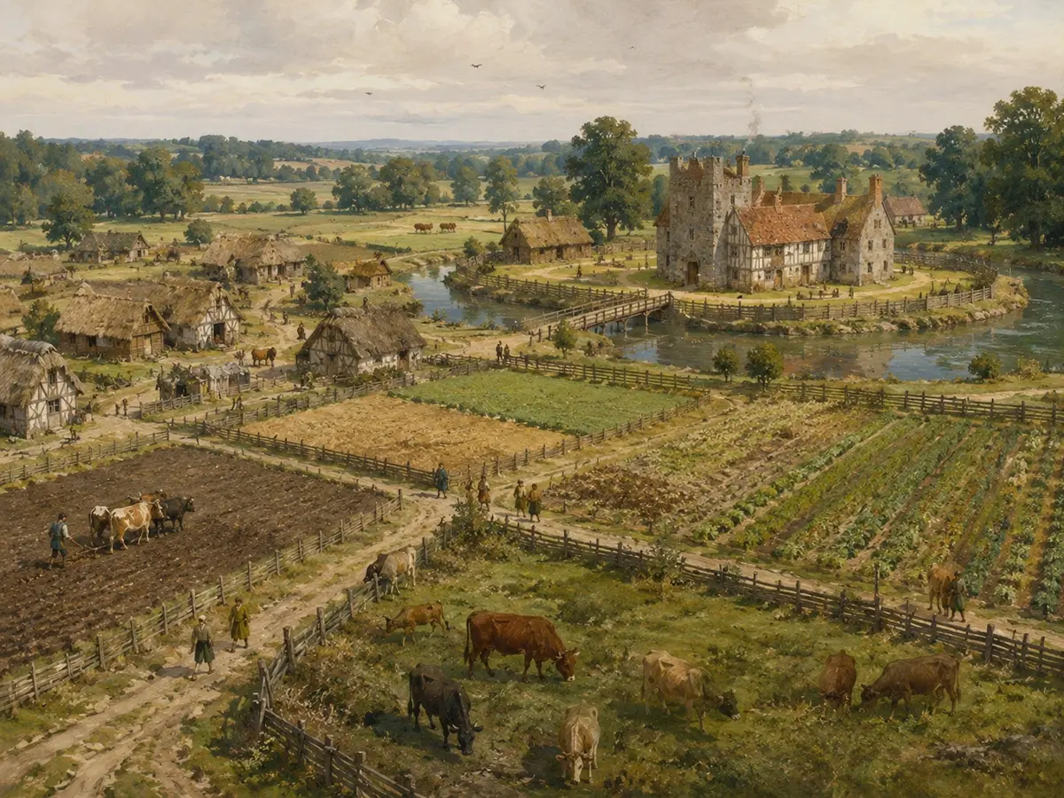 A small medieval manor and its surrounding farmland in the English countryside