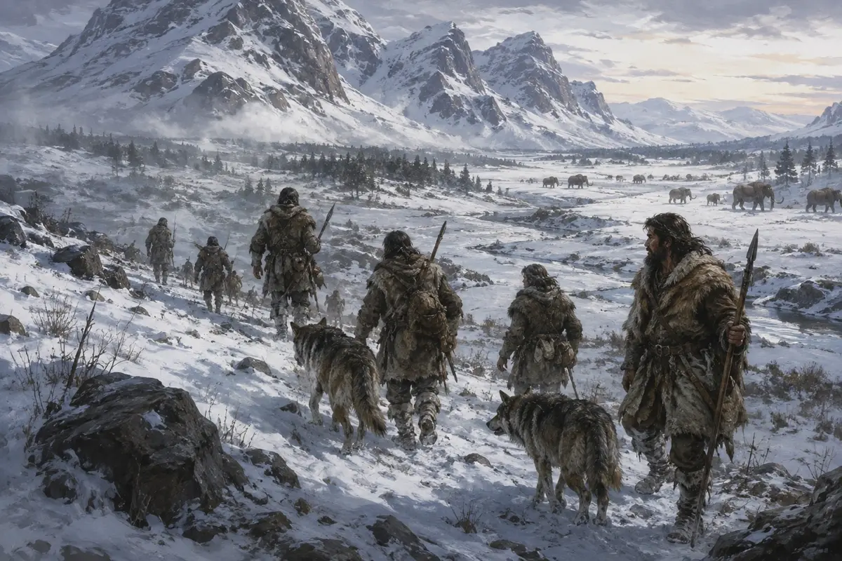 A snow-covered Ice Age landscape in Europe, the kind of terrain early modern human hunter-gatherers crossed
