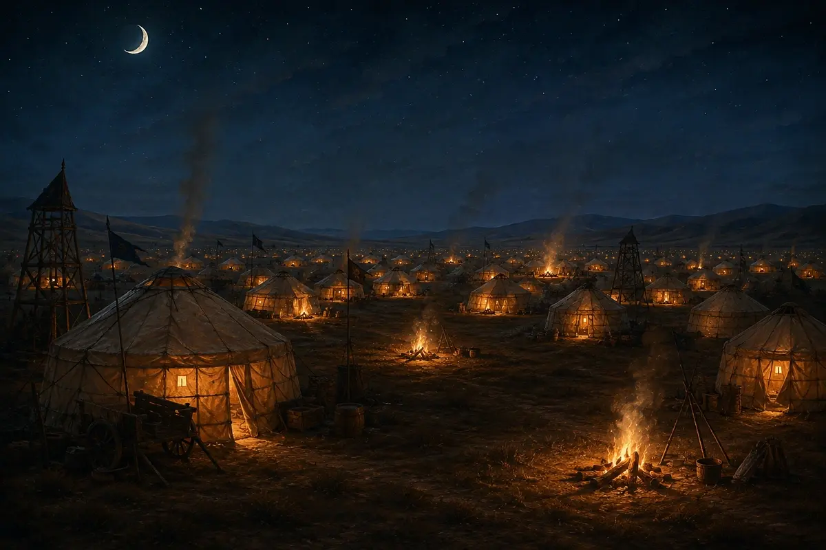 A steppe encampment at night with campfires burning and tents glowing from within, but no people anywhere among them