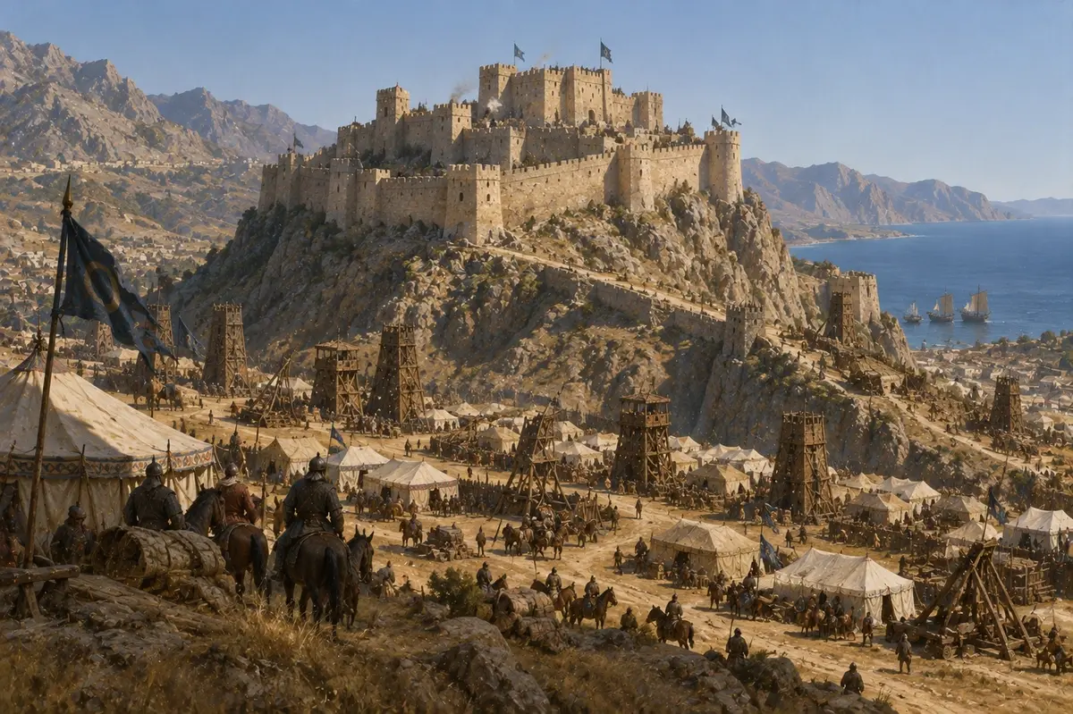 A stone fortress on a ridge between mountains and the sea, ringed by a besieging camp under a cloudless sky