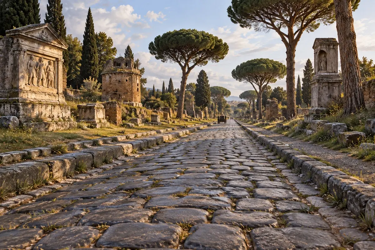 A straight ancient Roman road paved with large fitted basalt blocks, lined with stone pines and ruined tombs