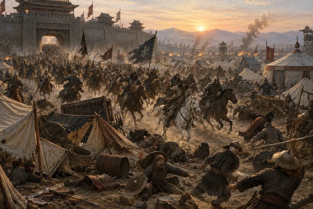 A tight body of horsemen bursting out of a city gate at dawn and cutting straight through a sprawling siege camp