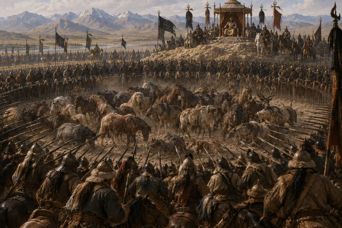 A tight inner enclosure walled by ranks of levelled spears, with exhausted animals milling inside and a throne on rising ground beyond