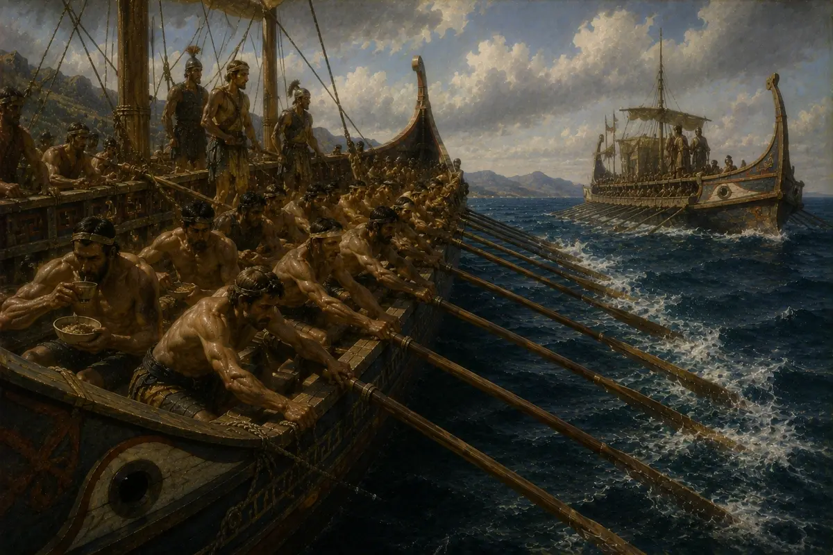 A trireme drives through open water at full stroke, its crew rowing in shifts and eating at the oar, racing to overtake an earlier ship.