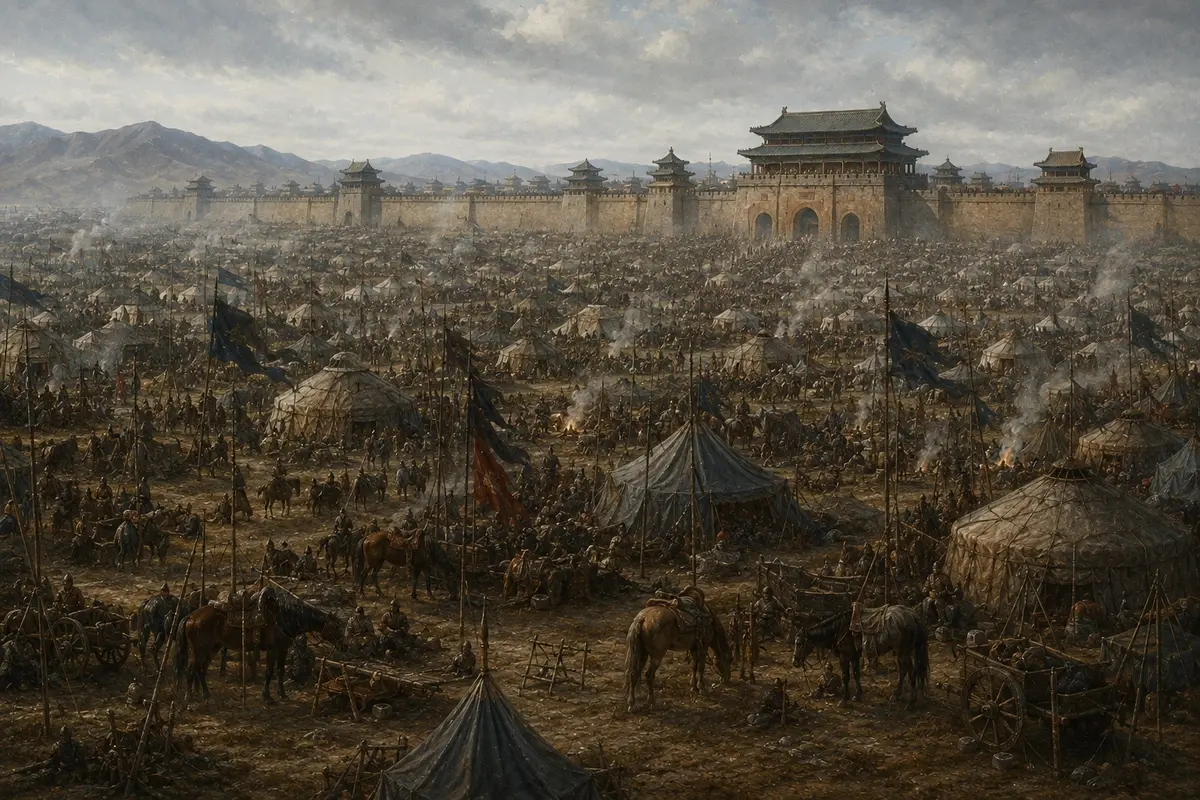 A vast Mongol encampment spread across the plain before the high walls and gate towers of an imperial capital