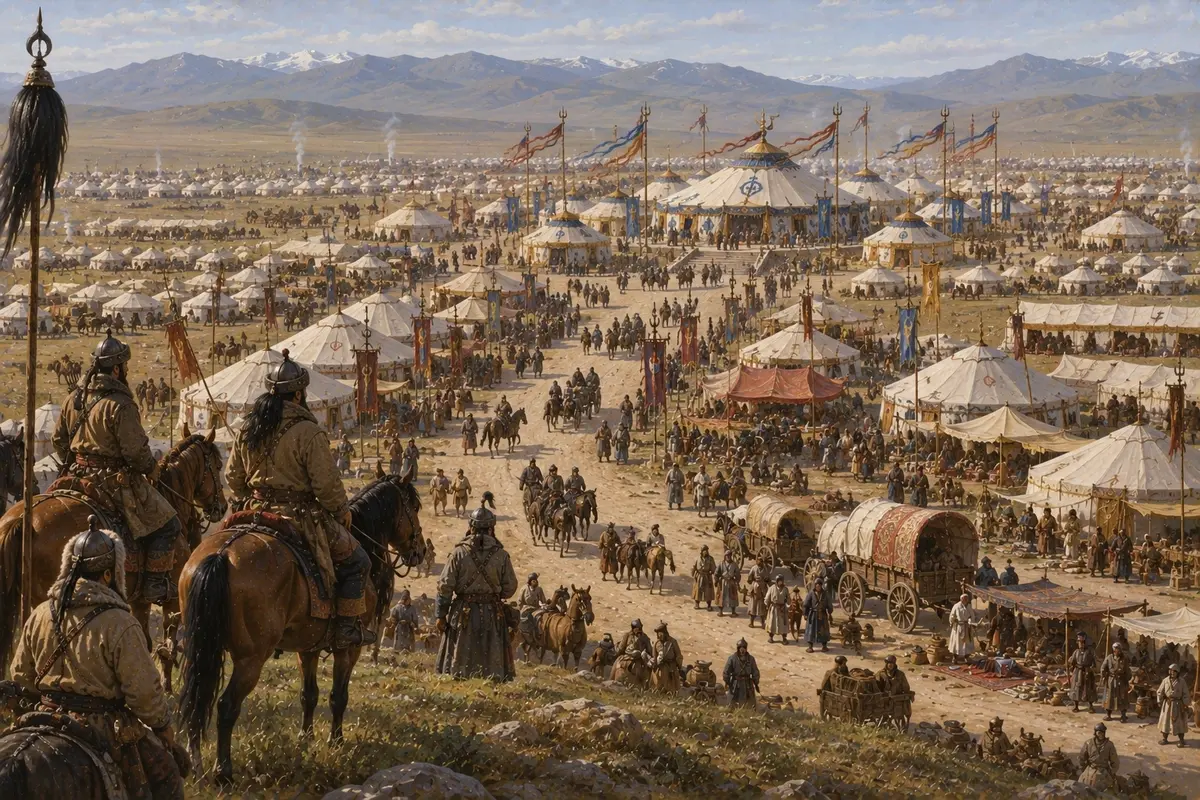 A vast encampment of tents and wheeled houses arranged in regular streets and market squares across an open plain