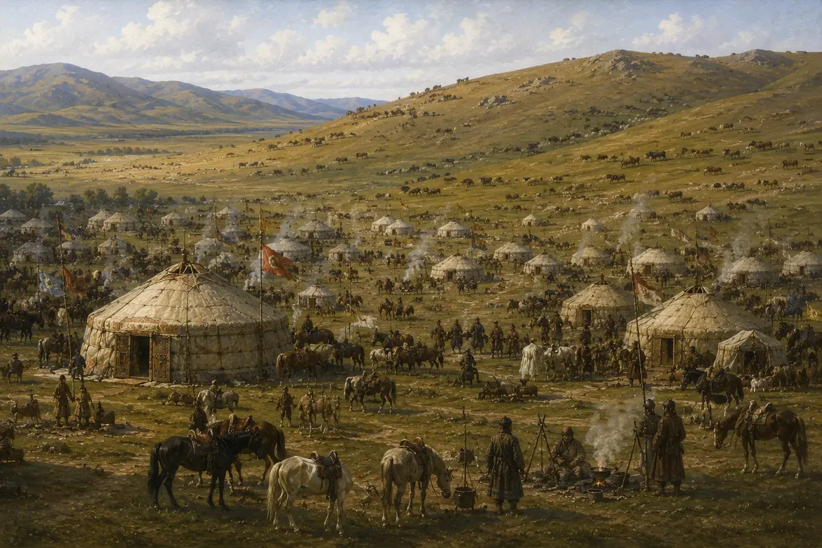 A vast temporary encampment of tent clusters spread across open grassland, with herds grazing on the surrounding hillsides